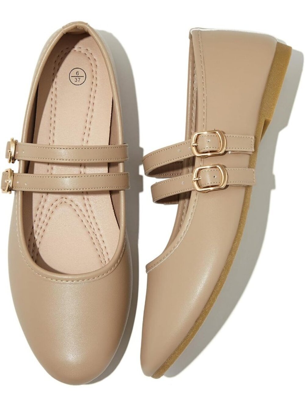 Women's Nude Faux Leather Round Toe Adjustable Buckle Strap Flats Slip On Shoes
